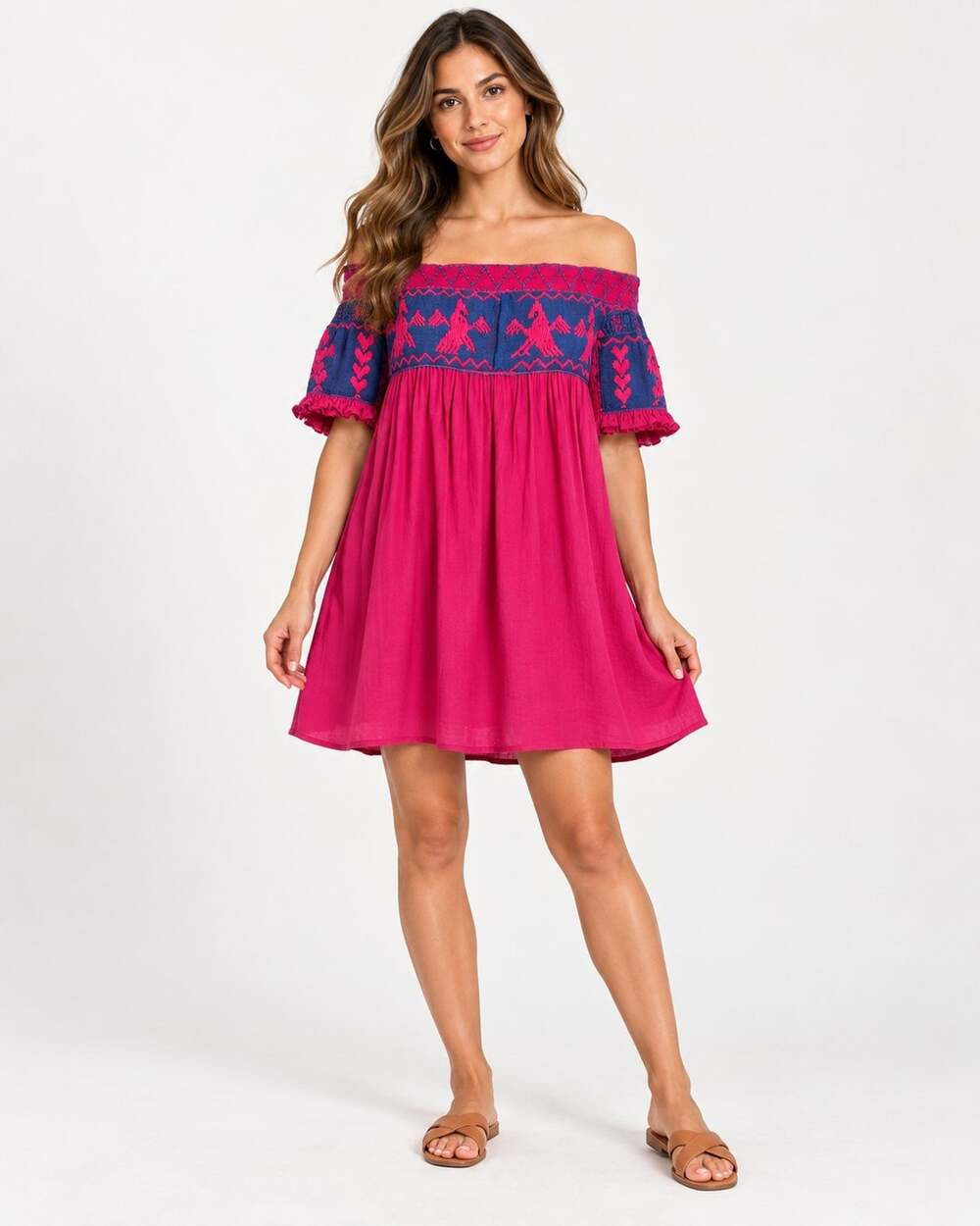 Mi Golondrina Embroidered Cotton Pink Blue Mini Dress Small